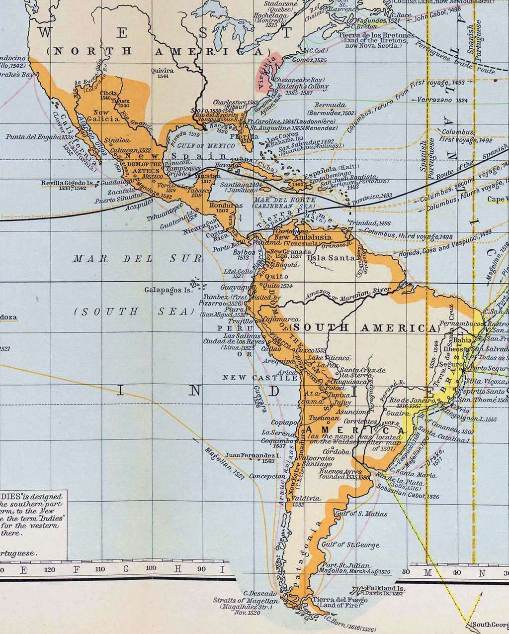 Agrandissement concernant l'Amérique espagnole, extrait de la « Cartographie des grandes découvertes entre 1360 et 1600 ». © 2019, Le-Cartographe.net