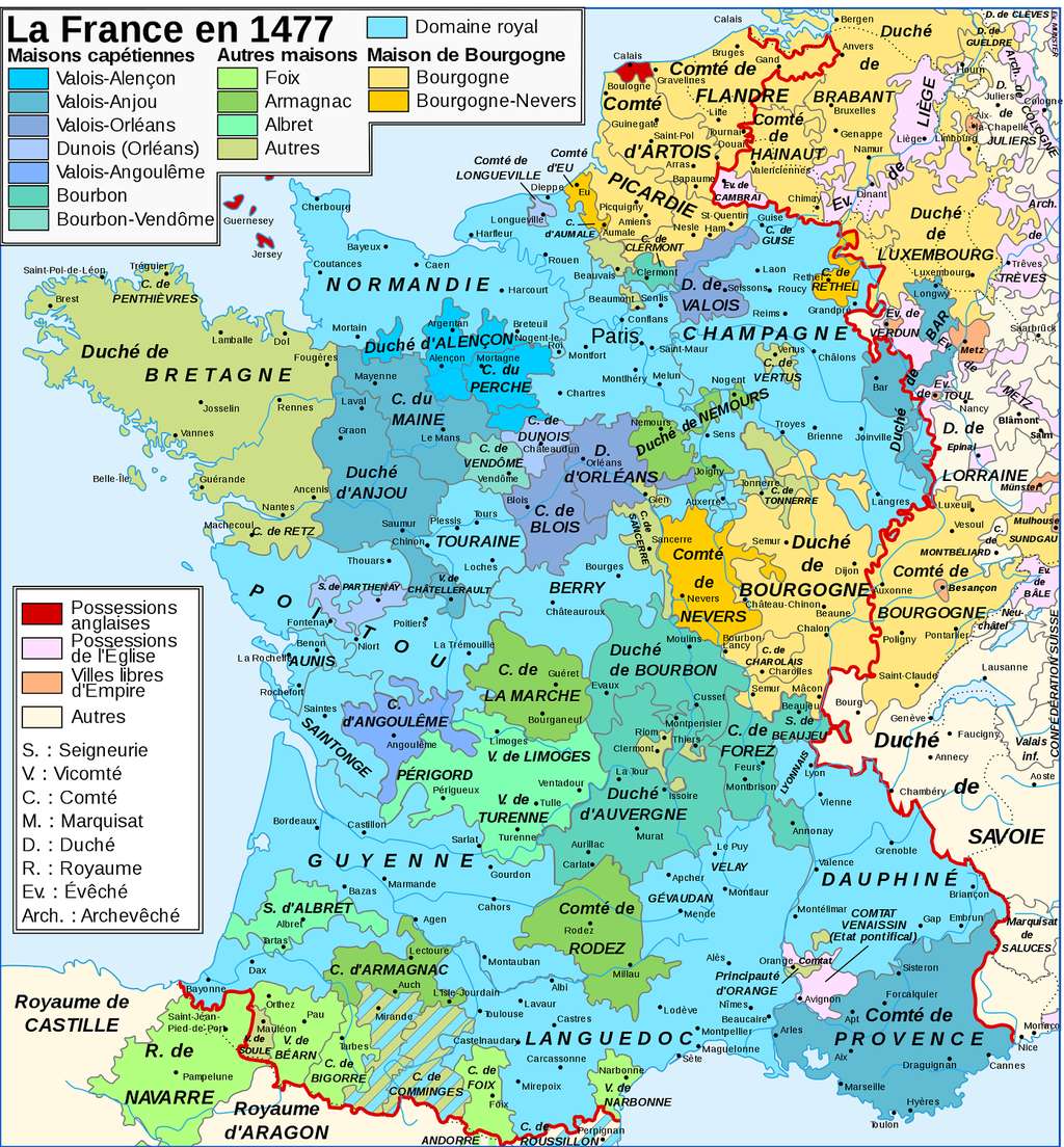 Royaume de France et domaine royal en 1477, carte tirée du <em>Grand Atlas Historique</em>, éditions du Livre, Paris, 1968. © Wikimedia Commons, domaine public