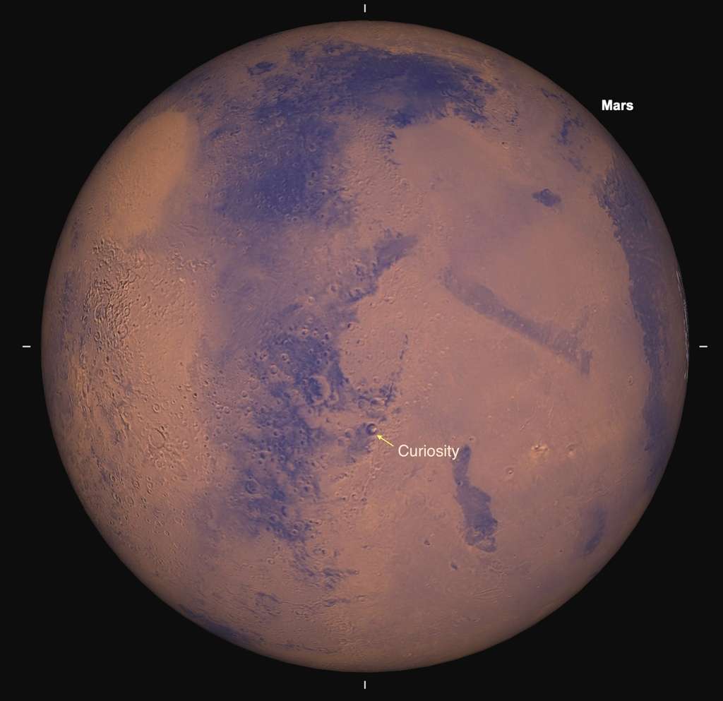 Face visible de Mars depuis la Terre, le 8 novembre avant l'occultation par la Lune. Curiosity est quasiment au centre, dans le cratère Gale, face à nous. © SkySafari