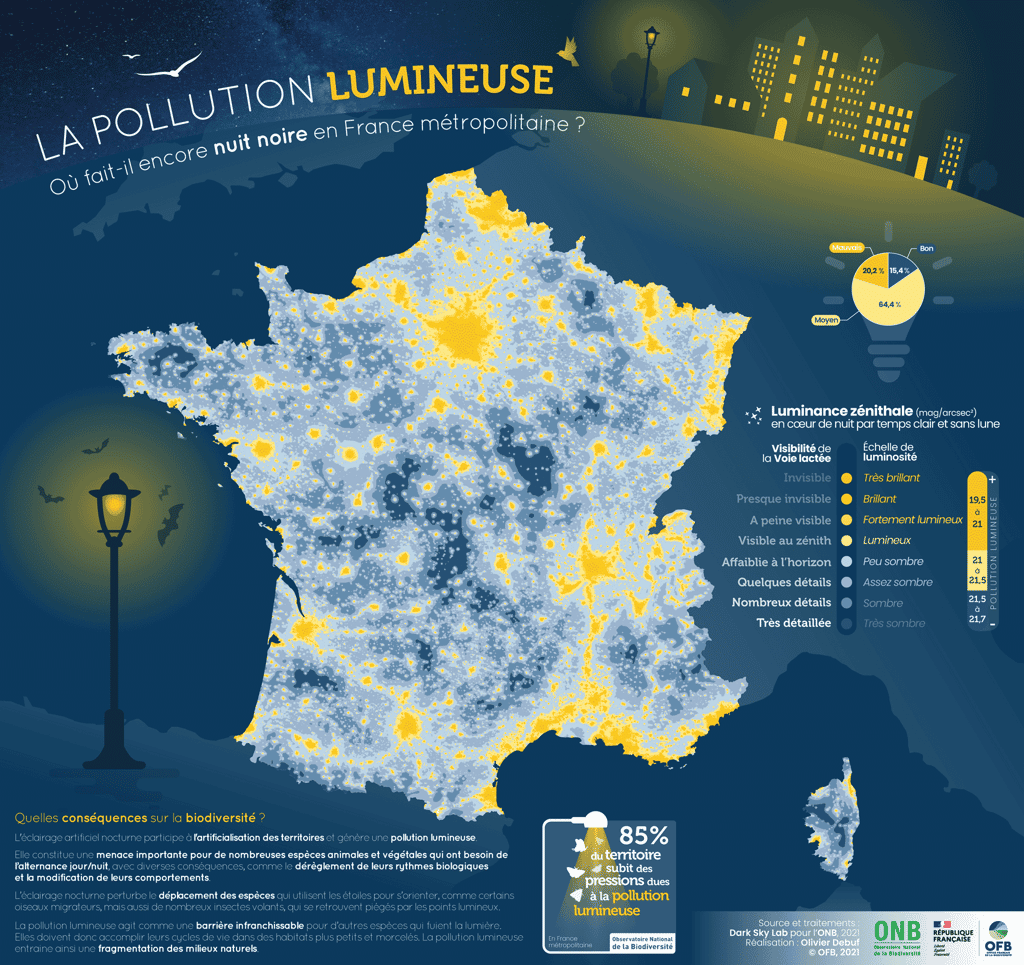 État des lieux de la pollution lumineuse en France. En jaune, les pires endroits pour admirer les étoiles. © 2024, Esri France - Esri France