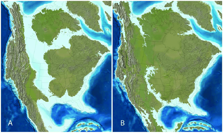 Deux cartes paléogéographiques de l'Amérique du Nord pendant le (A) Campanien tardif (75 millions d'années) et (B) le Maastrichtien tardif (65 millions d'années) montrant la présence de la fameuse mer de Niobraran et la région du Yucatán, alors une mer peu profonde, où est tombé le corps céleste à l'origine du cratère de Chicxulub. © Ron Blakey, Colorado Plateau Geosystems