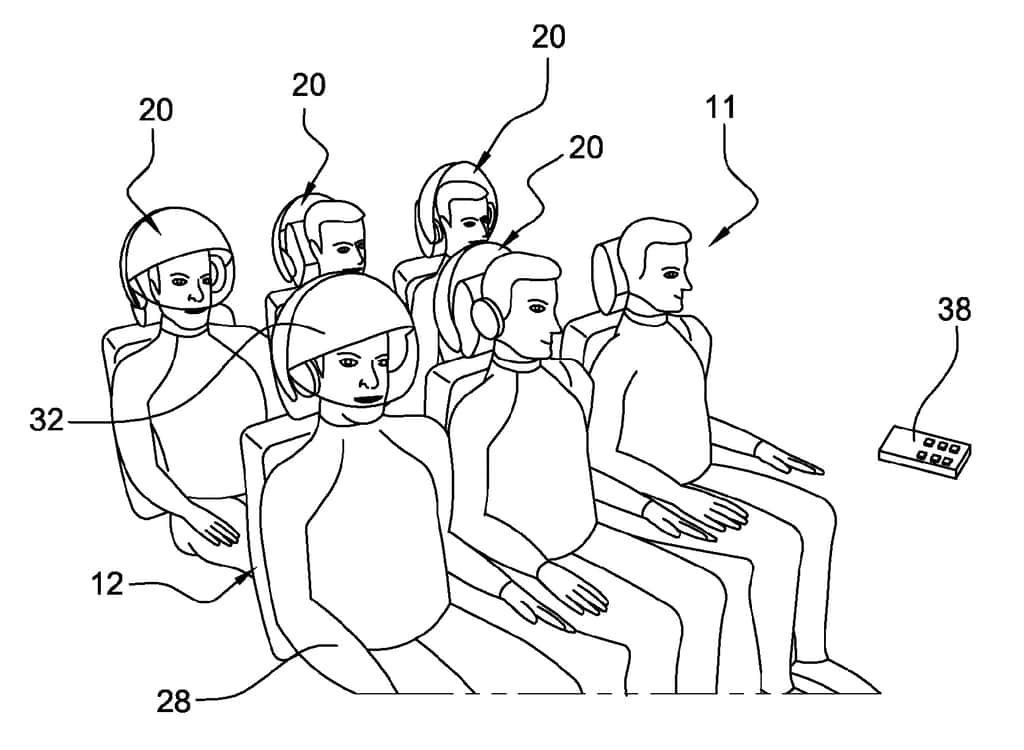 Ce schéma montre l'idée des ingénieurs d'Airbus : les passagers peuvent basculer le casque fixé sur l'appuie-tête et y glisser leur tête. Ils pourront alors voir un film ou lancer un jeu vidéo, et pourront même, peut-être, sentir des odeurs... © Airbus, <em>all rights reserved</em>