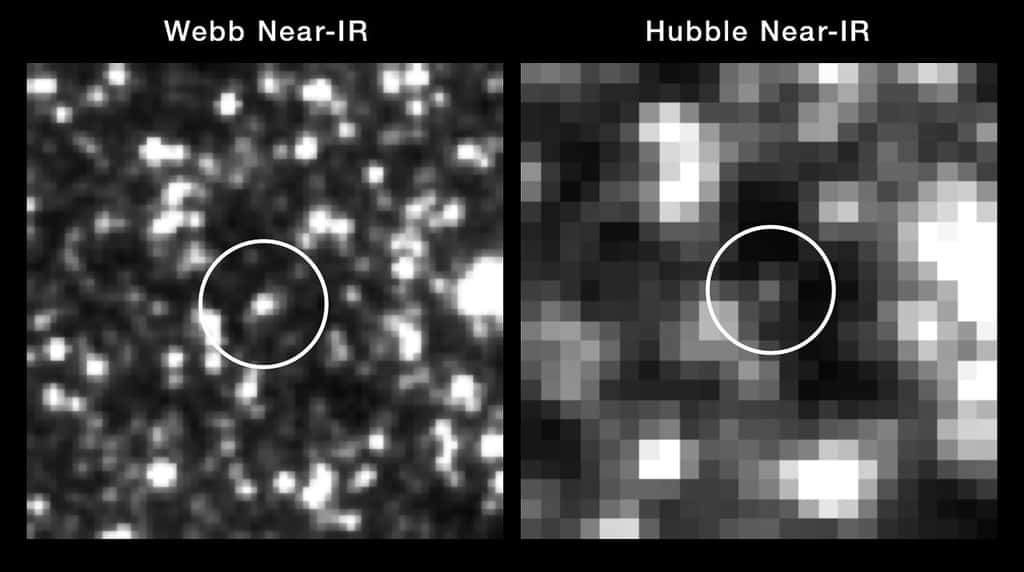 Au centre de ces images côte à côte se trouve une classe spéciale d’étoiles utilisée comme repère pour mesurer le taux d’expansion de l’Univers – une étoile variable Céphéide. Les deux images sont très pixelisées car chacune est une vue très zoomée d'une galaxie lointaine. Chacun des pixels représente une ou plusieurs étoiles. L'image du télescope spatial James-Webb est nettement plus nette dans les longueurs d'onde du proche infrarouge que celle de Hubble (qui est principalement un télescope observant dans les bandes de la lumière ultraviolette et visible). Grâce à la vision plus nette de Webb, la Céphéide se démarque plus clairement, éliminant toute confusion potentielle. Webb a été utilisé pour examiner un échantillon de Céphéides et a confirmé l’exactitude des observations précédentes de Hubble, fondamentales pour mesurer avec précision le taux d’expansion et l’âge de l’Univers. © Nasa, ESA, CSA, STScI, A. Riess (JHU/STScI)