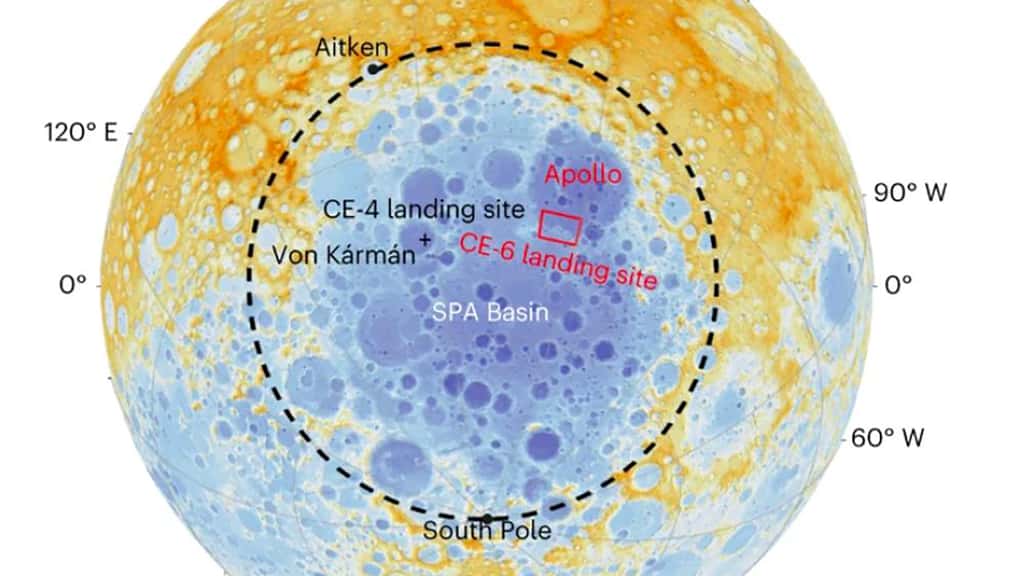 Chang’e 6 récupérera des échantillons lunaires depuis l’intérieur du bassin Apollo, lui-même situé dans le bassin du pôle sud d'Aitken (SPA) connu pour être le deuxième plus grand cratère d'impact du système solaire. © Zeng et <em>al.</em>