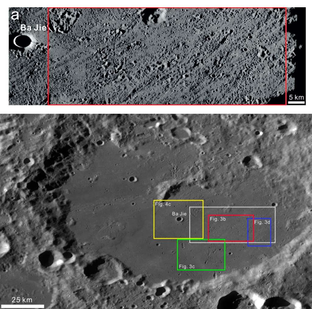 Le cratère Von Kármán à l'intérieur duquel se posera le rover Chang'e 4. En rouge, la zone visée. © CNSA