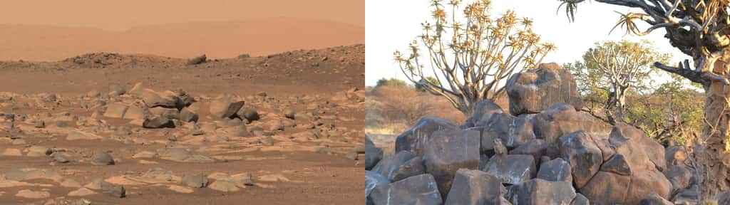 Dans le cratère Jezero, observé par Perseverance, ce champ de roches massives et de formes arrondies fait penser à un chaos mais dont la nature reste à déterminer. © Nasa, JPL-Caltech, ASU, MSSS. À titre de comparaison, l'image de droite montre un chaos de basalte en Namibie. © Pierre Thomas