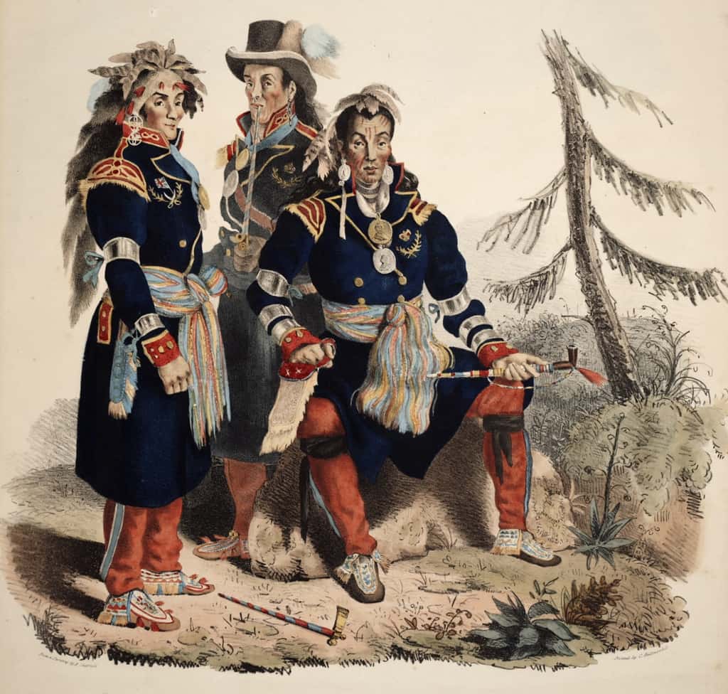 Portraits de trois chefs hurons en costume d'officiels, à Jeune Lorette (Québec), par Edward Chatfield vers 1825. © Wikimedia Commons, domaine public. 