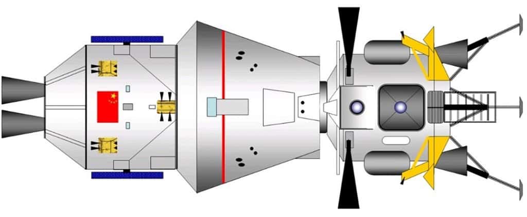 Illustration qui synthétise toutes les vues et maquettes du véhicule lunaire chinois avec, de gauche à droite, le module de service, la capsule pressurisée et l’atterrisseur lunaire. © Philippe Coué
