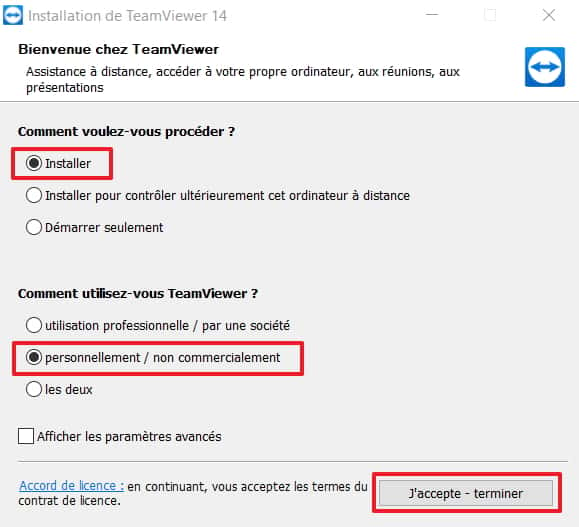 Cliquez sur « J’accepte – terminer » après avoir choisi « Installer » et « personnellement/non commercialement ». © TeamViewer GmbH