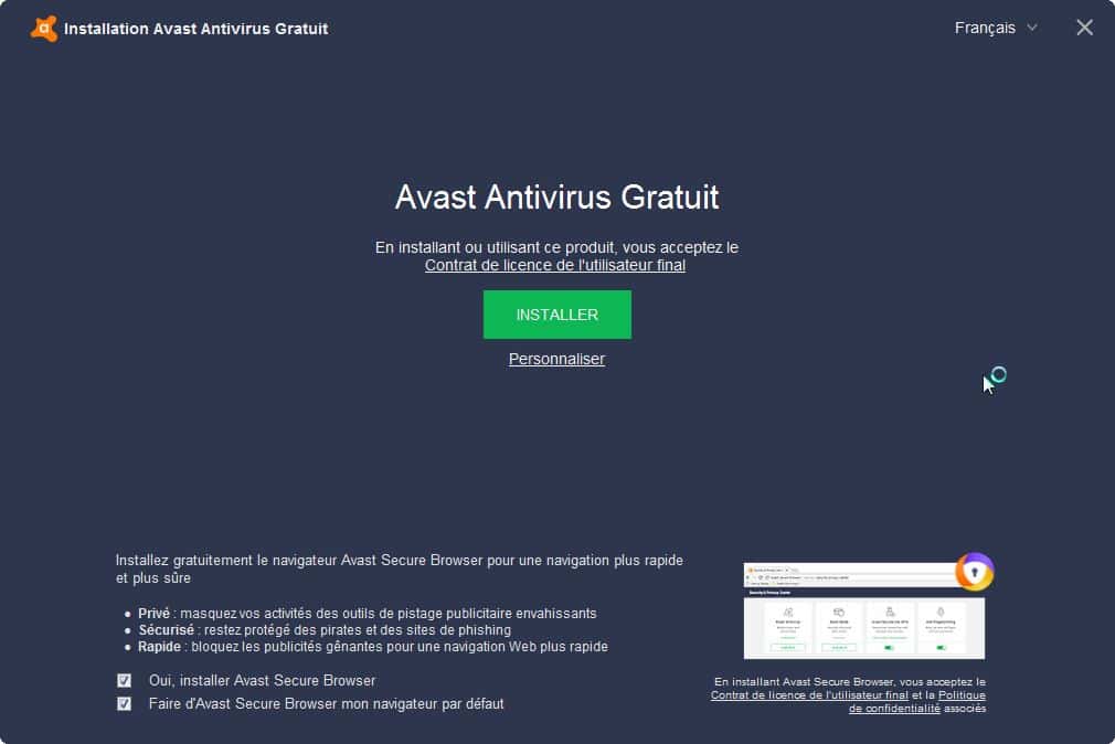 Premier écran d'installation d'Avast Gratuit. © Avast Software