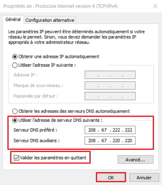 La dernière étape consiste à rentrer l’adresse des serveurs DNS de substitution. © Microsoft