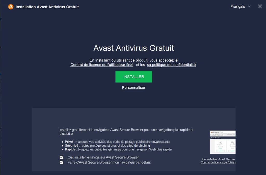 Premier écran d'installation d'Avast Antivirus Gratuit © Avast Software