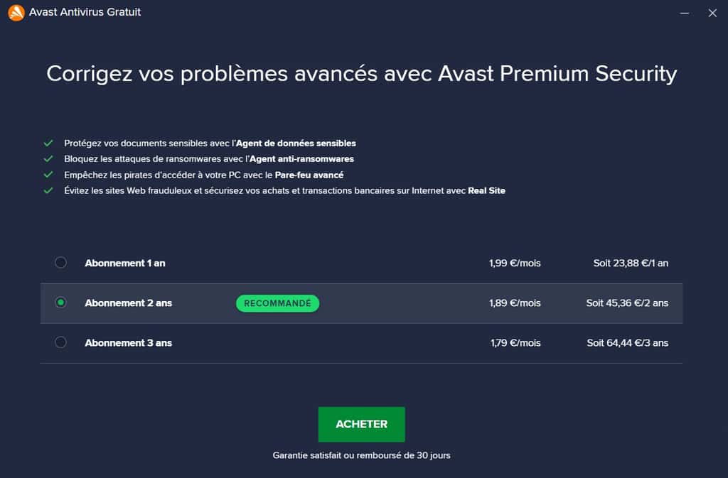Testez les fonctionnalités d'Avast Premium Security pendant 30 jours © Avast Software