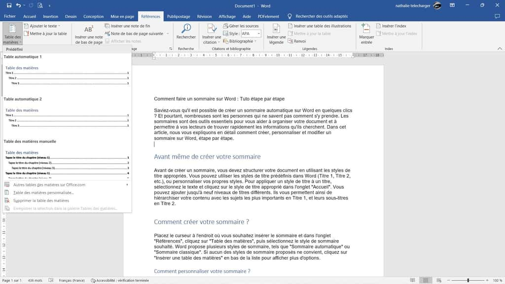 Générer votre sommaire automatique dans Word © Microsoft