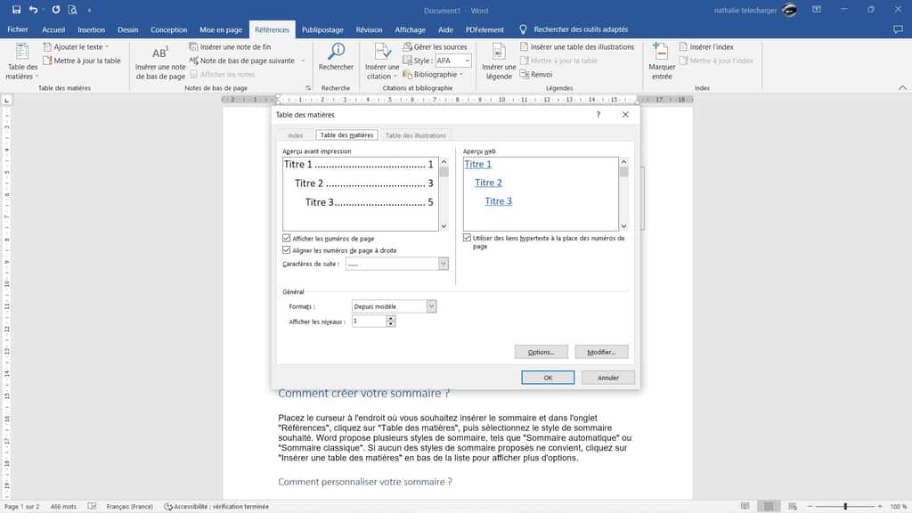 Personnaliser votre sommaire dans Word © Microsoft