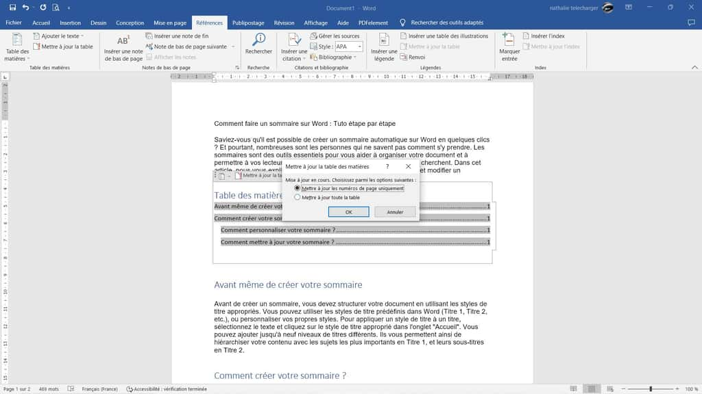 Mettre à jour votre sommaire dans Word © Microsoft