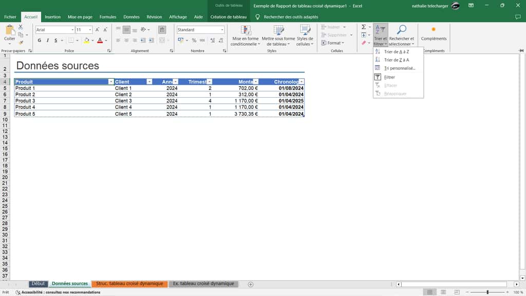 Accédez aux commandes de tri et de filtrage dans le menu en ruban d'Excel. © Microsoft
