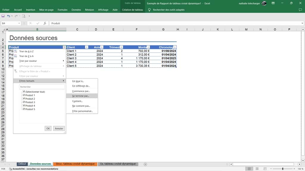 Sélectionnez différents types de filtres avec Excel. © Microsoft