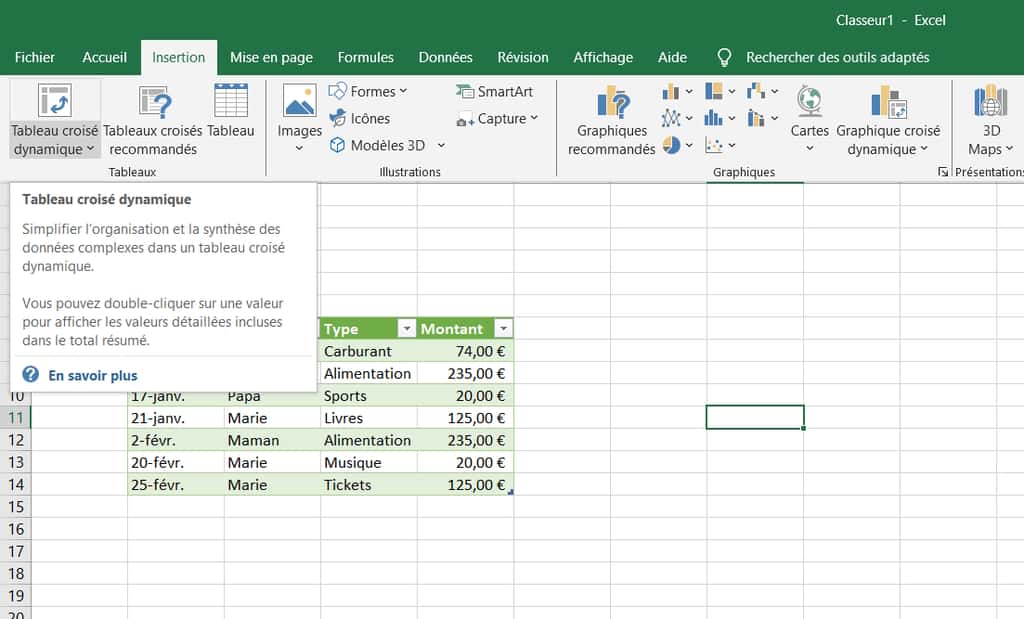 Utilisez le menu en ruban pour créer un tableau croisé dynamique avec Excel. © Microsoft