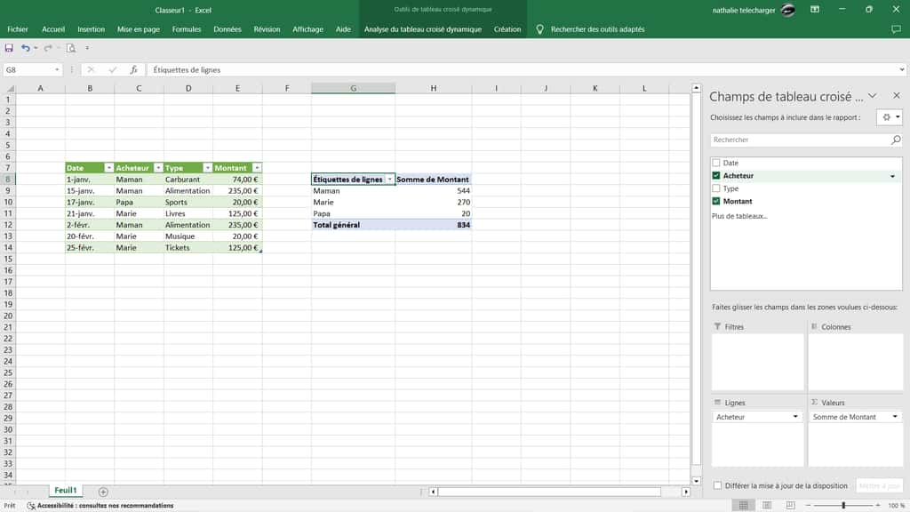 Choisissez les champs et les filtres de votre tableau croisé dynamique avec Excel. © Microsoft