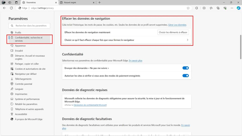 Allez dans l’onglet « Confidentialité, recherche et services » pour pouvoir effacer les fichiers inutiles. © Microsoft