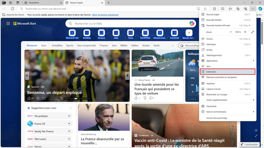 Accédez en deux clics aux modules installés sur Microsoft Edge. © Microsoft