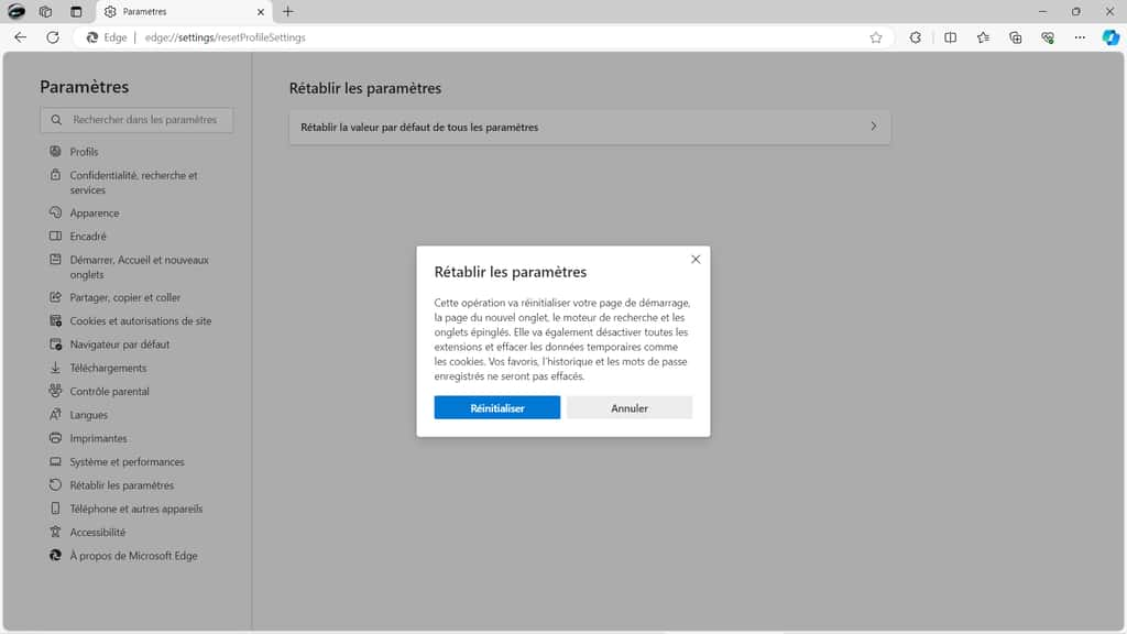 Il est possible de réinitialiser Microsoft Edge. © Microsoft