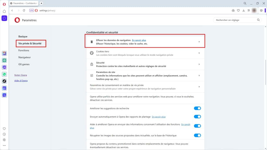 Allez dans le menu « Vie privée et Sécurité » pour effacer les données de navigation. © Opera