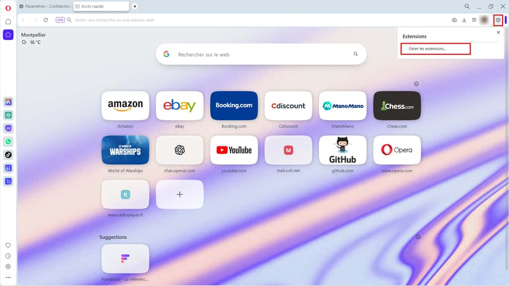 Accédez rapidement au gestionnaire des extensions © Opera
