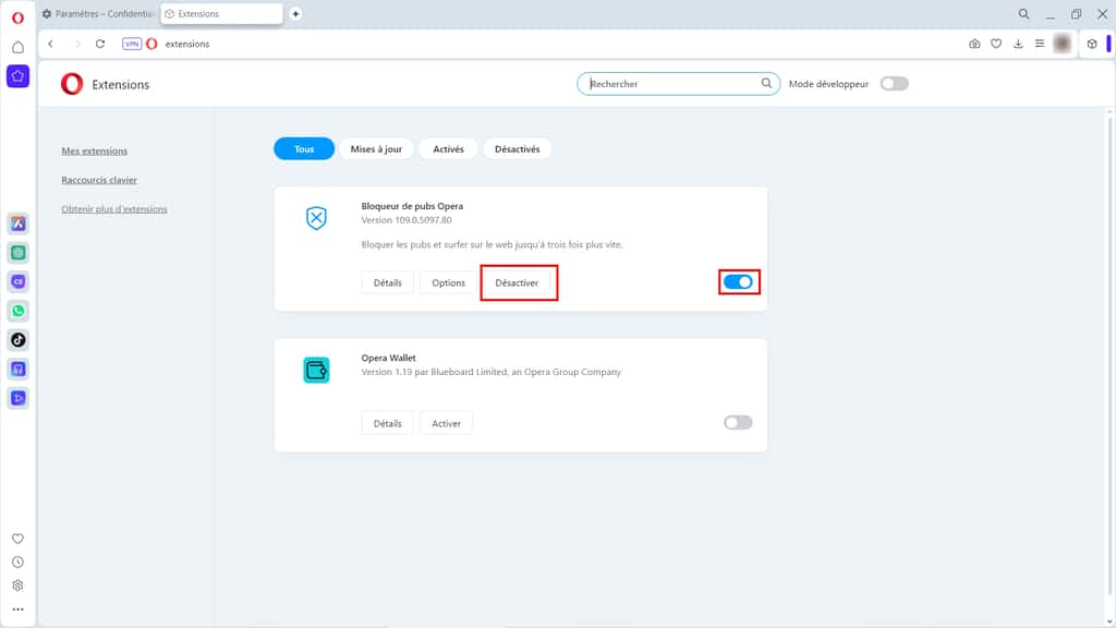 Activez et désactivez les extensions en 2 clics © Opera