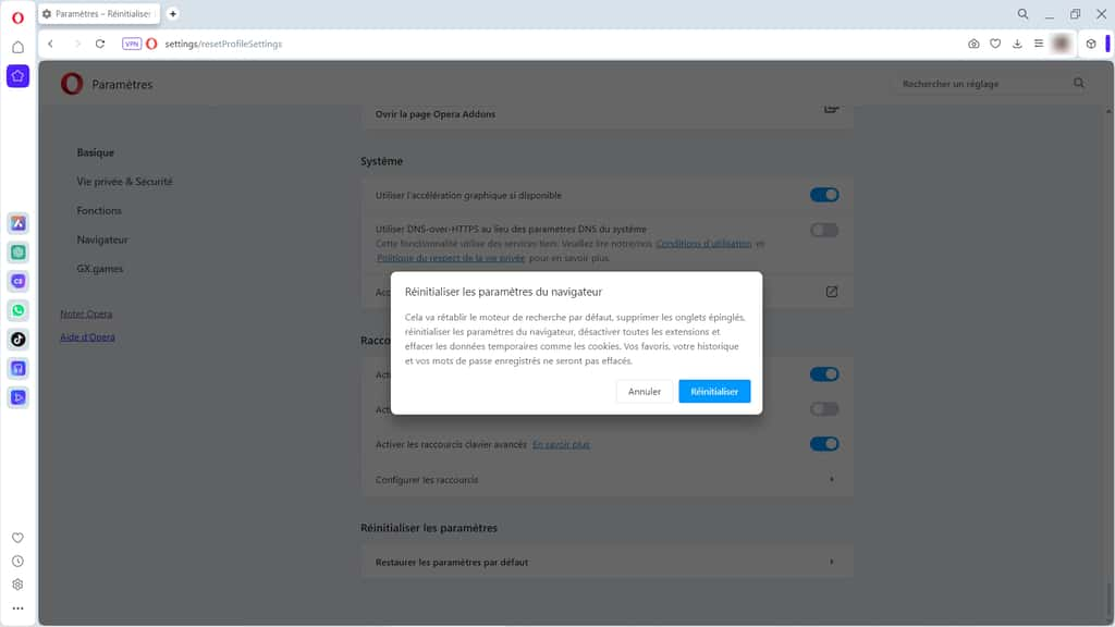 Réinitialiser les paramètres par défaut du navigateur. © Opera