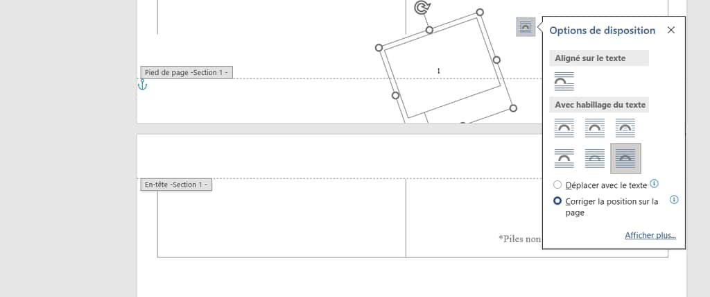 Options de disposition des numéros de pages dans Word © Microsoft