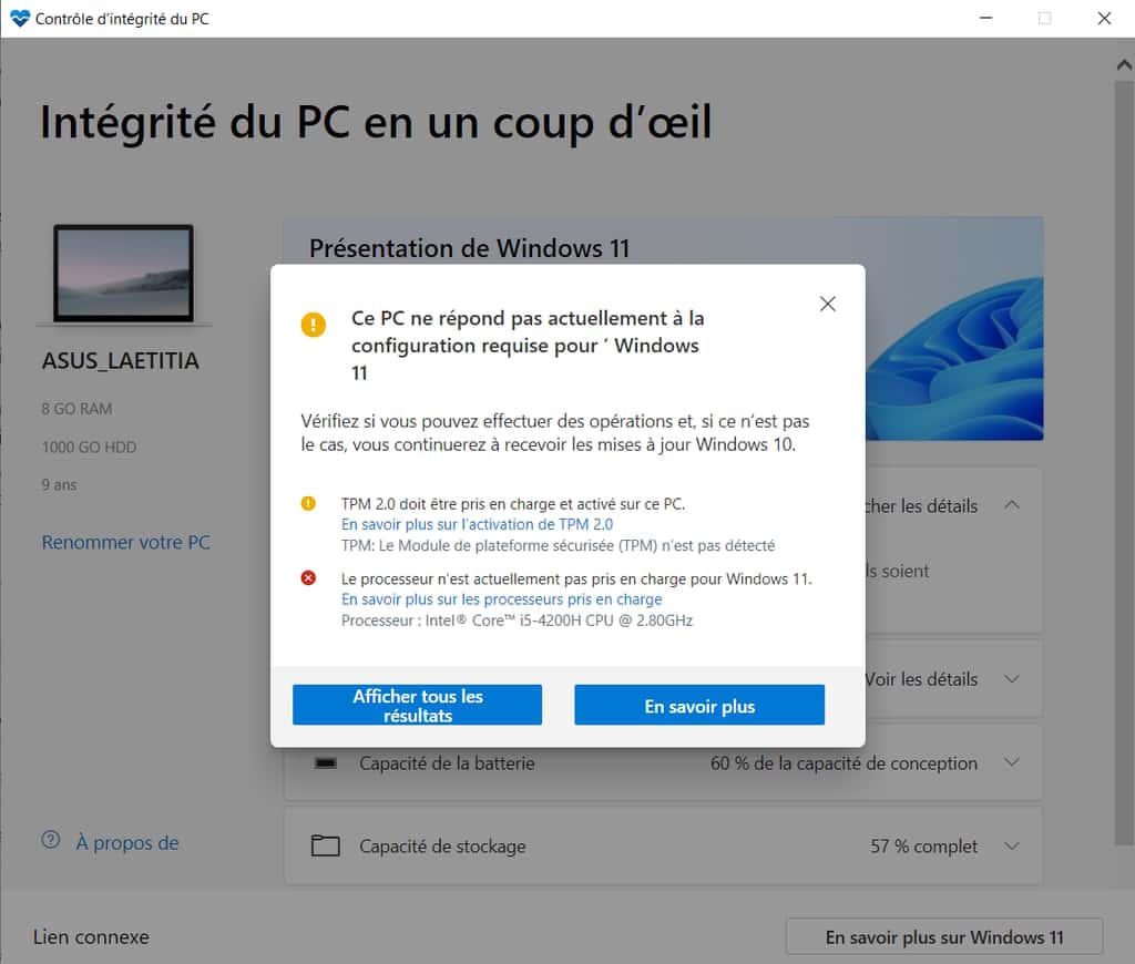 Contrôle d'intégrité de votre PC avec PC Health Check © Microsoft
