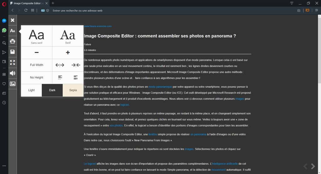 Visualisation d’un article sur Futura-Sciences avec Opera et l’extension Reader View personnalisée. © Opera Software