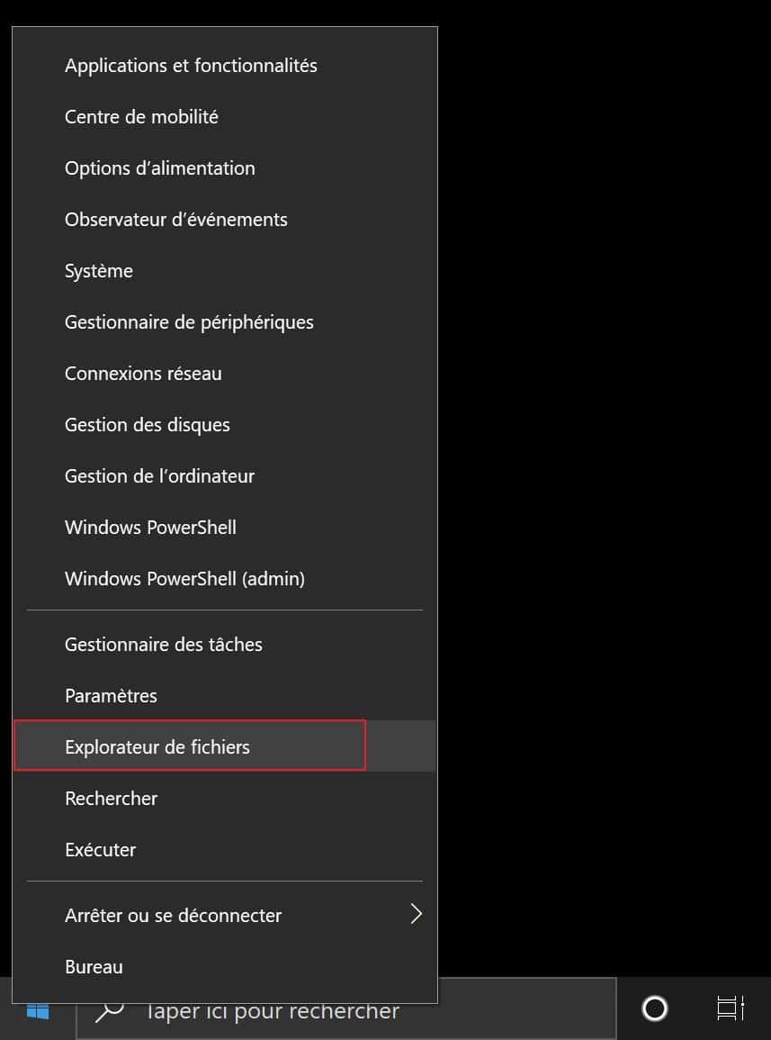 Ouverture de l’explorateur de fichiers via un clic droit sur le menu « Démarrer » © Microsoft