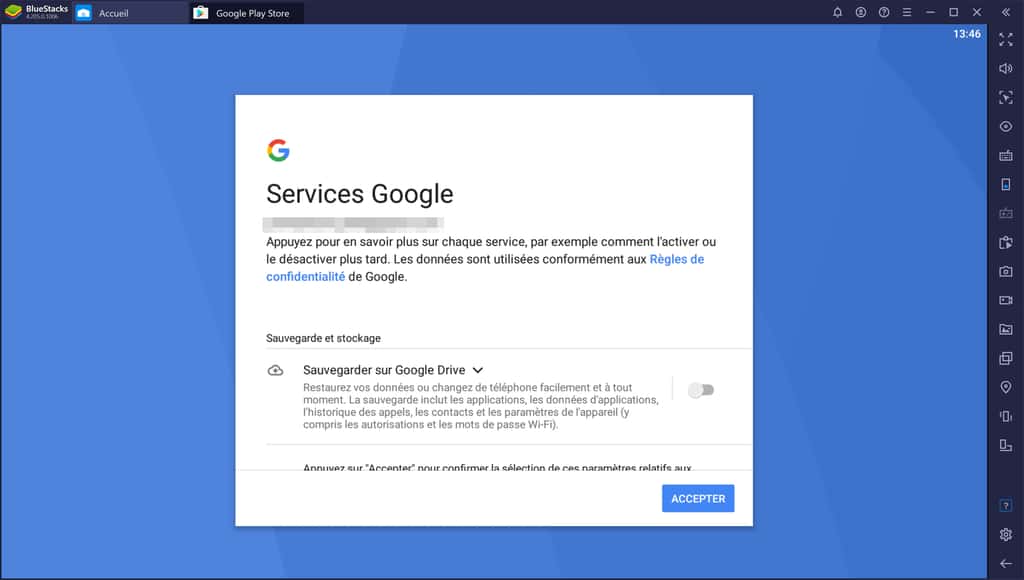 Configuration des Services Google (sauvegarde Google Drive). © Bluestacks Systems Inc.