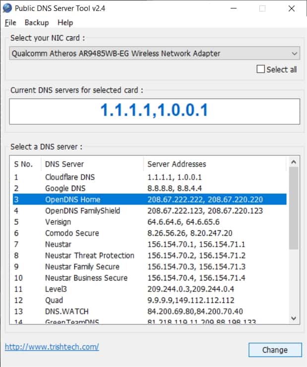 Fenêtre principale du logiciel. © Public DNS Server Tool