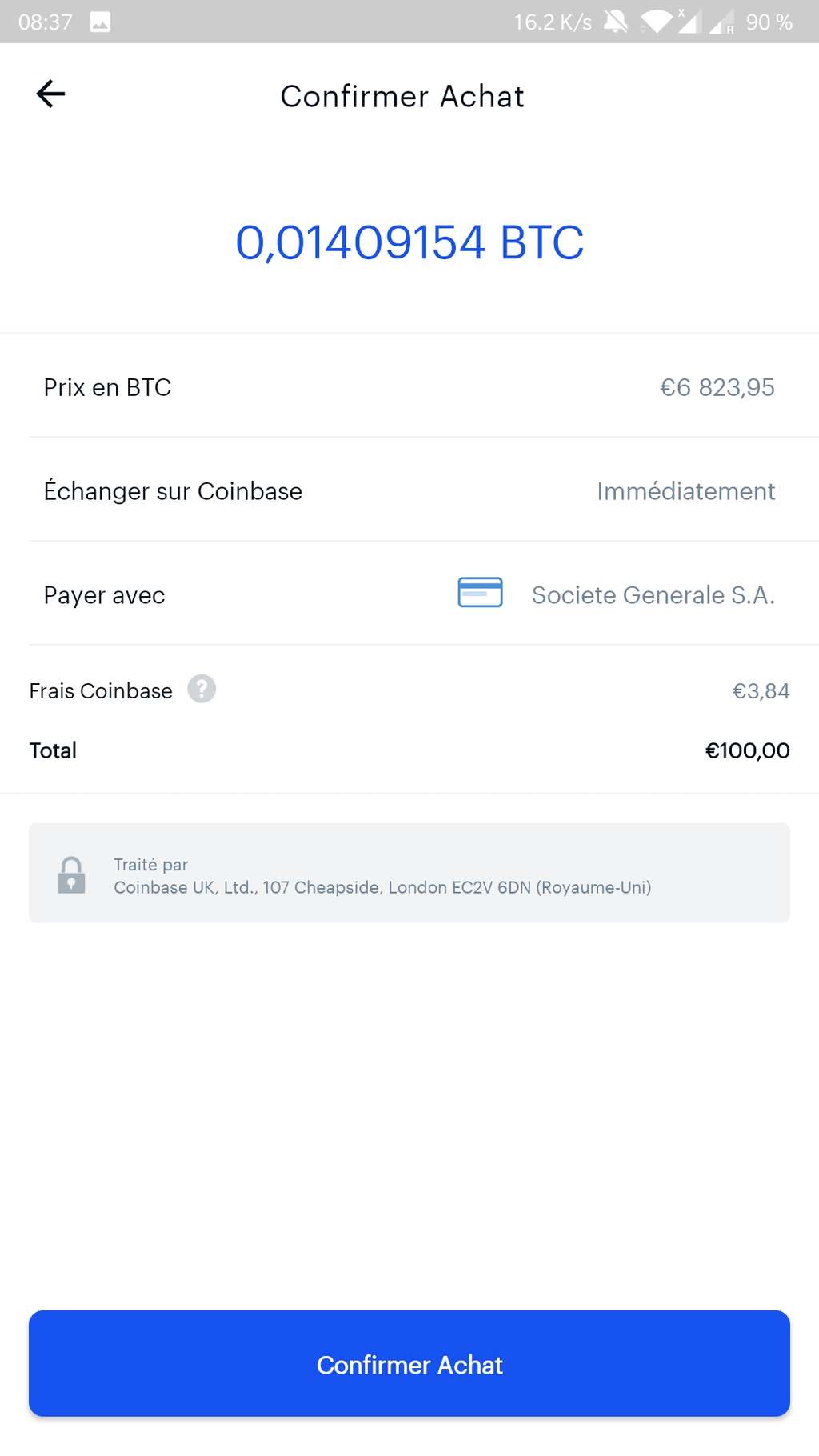 Avant la confirmation du paiement, Coinbase affiche le nombre de bitcoins qui seront obtenus ainsi que les frais de la plateforme. © Coinbase