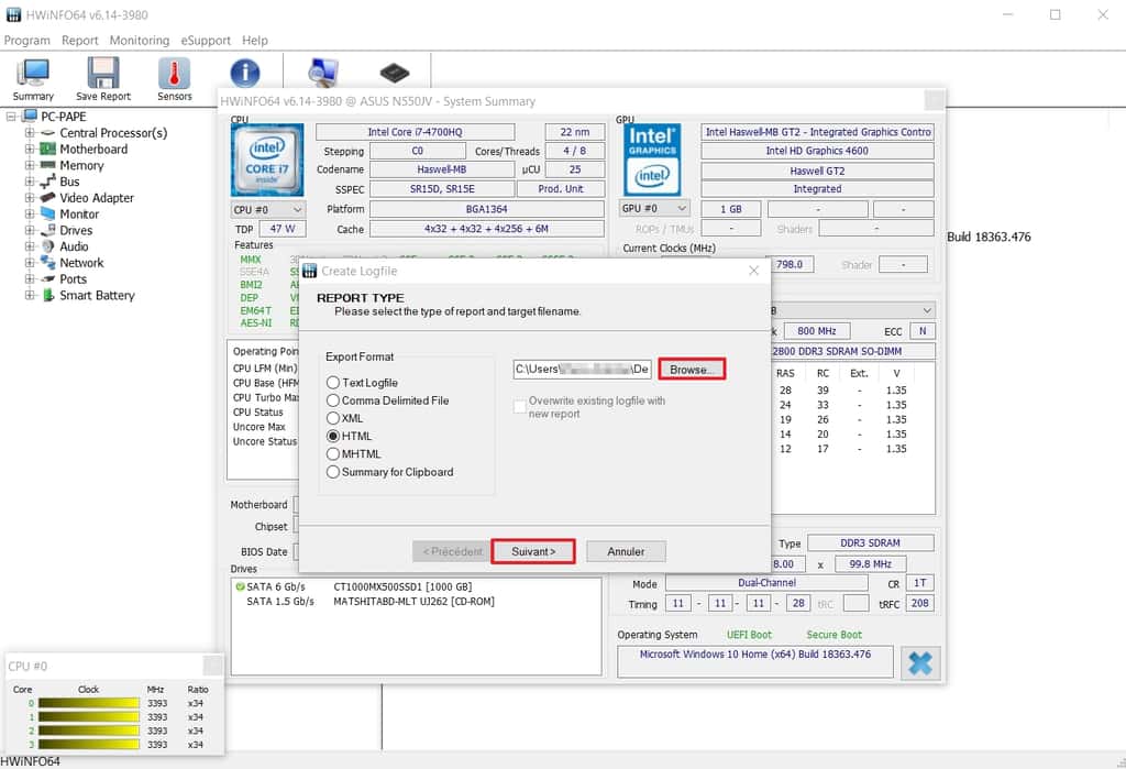 Fenêtre de choix du type de rapport et du répertoire d’enregistrement du fichier. © HWiNFO