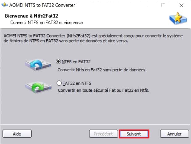 Fenêtre de choix du type de conversion (NTFS en FAT32 ou inversement). © AOMEI