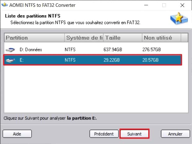 Le programme affiche la liste des partitions au format NTFS. © AOMEI