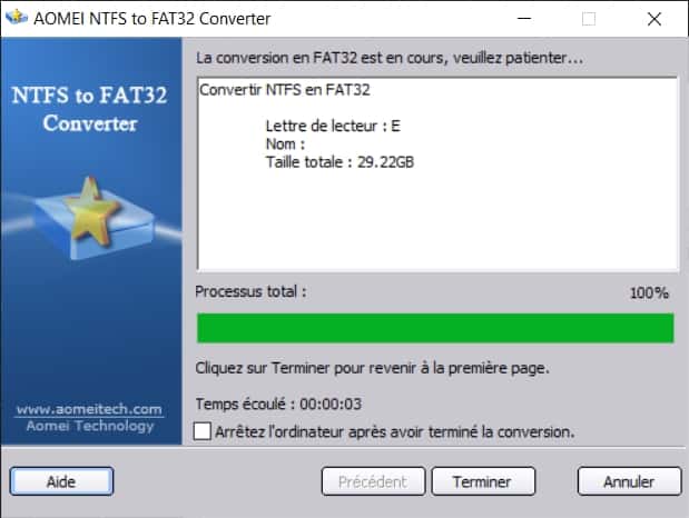 La conversion du format de fichiers NTFS en FAT32 n’a duré que 3 secondes. © AOMEI