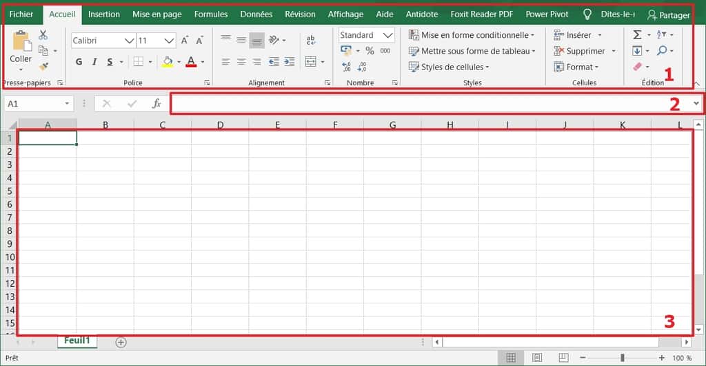 Interface de Microsoft Excel : 1. Ruban supérieur 2. Barre de formule 3. Tableau de saisie © Microsoft