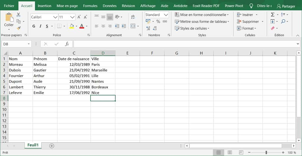 Remplissage des données du tableau © Microsoft