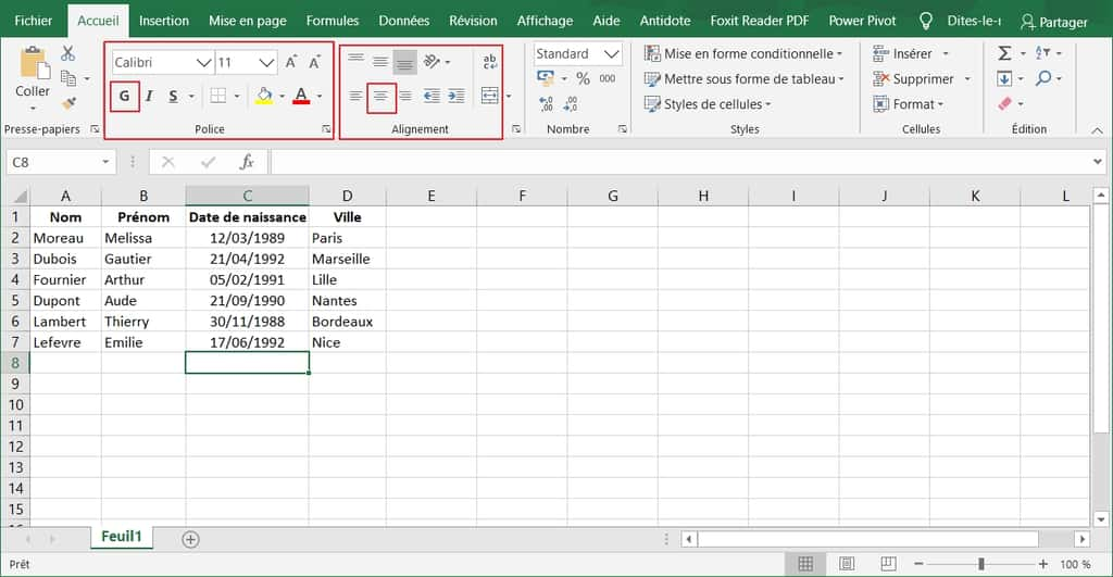 Mise en gras et centrage des titres de colonnes. Ces fonctionnalités sont présentes dans les zones de police et d’alignement de l’onglet Accueil. © Microsoft