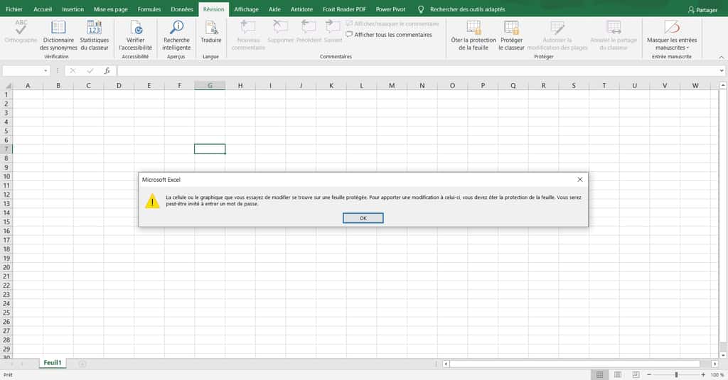 Notification d’erreur affichée par Excel en cas de modification d’une cellule protégée © Microsoft