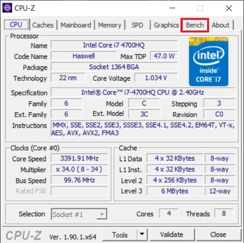 Le logiciel CPU-Z est basé sur une interface par onglets. Le premier offre des informations techniques sur le CPU. © CPUID