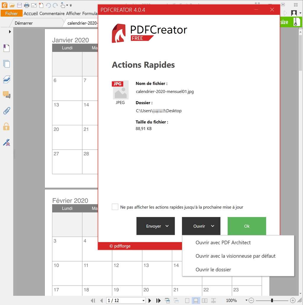 Ouverture des fichiers ou du dossier de destination depuis le bouton « Ouvrir ». © pdfforge GmbH.