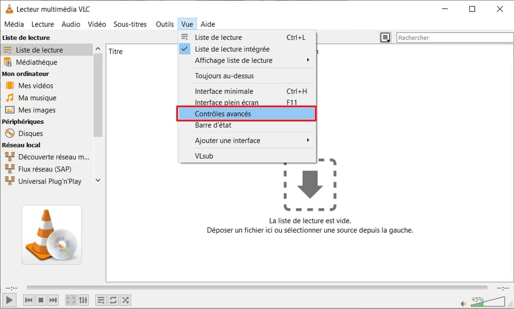 Activation des contrôles avancés, dans le menu « Vue ». © VLC Media Player