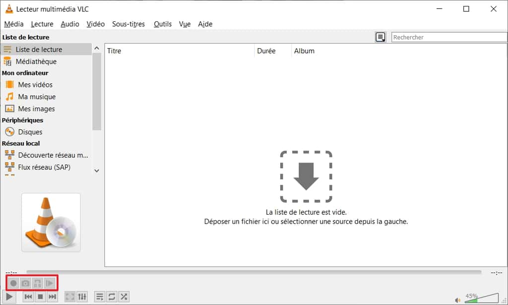 Affichage des contrôles avancés dans la barre d’outils. © VLC Media Player